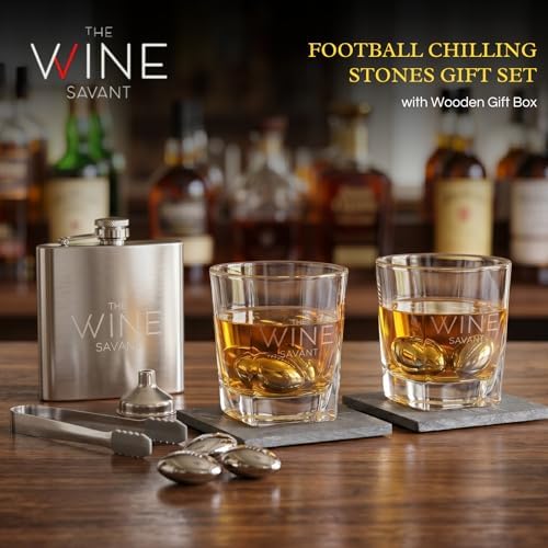 Football Gifts for Men Dad - Whiskey Glasses and Chilling Stones Gift Set, Whiskey Flask, Whiskey Glasses, Stainless Steel Whiskey Footballs, Slate Stone Coasters, Tongs Gift Box