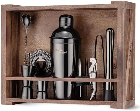 Mixology & Craft Rustic Cocktail Shaker Set – Includes Wood Stand, Complete Barware Kit with 24 Oz Shaker, Dual Jiggers, Pourers, Muddler, Strainer – Perfect for Home Bartenders (Gun-Metal Black)