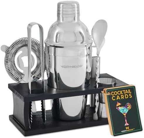 Modern Mixology Cocktail Shaker Set - Bartender Kit with Pine Stand | Leak-Proof Design | Includes Martini Shaker, Jigger, Strainer, Spoon, Tongs | Perfect Bar Tools Gift for Home Mixology (Silver)