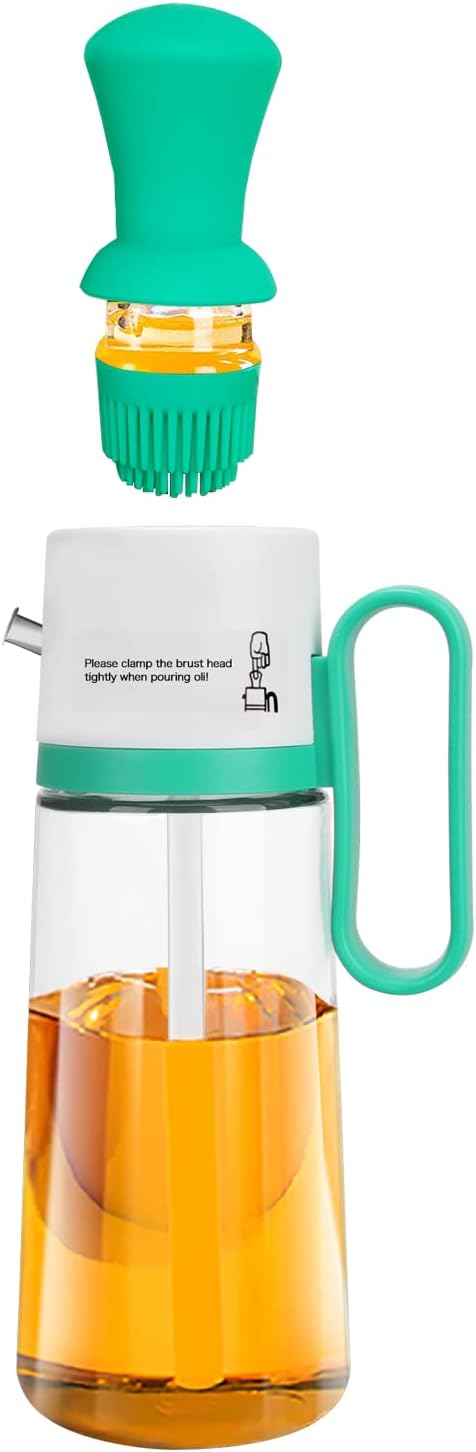 Oil Dispenser Bottle with Silicone Brush, 2 in 1 Dropper Measuring Glass Oil Bottle for Kitchen BBQ Grill Baking Air Fryer Oven (Green)