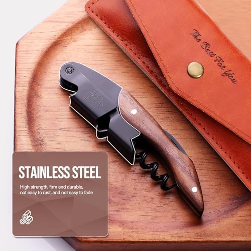 wine opener Professional Corkscrews for Wine Bottles w/Foil Cutter and Cap Remover -Wine Key for Servers, Waiters, Bartenders (Black+Leather Sheath)