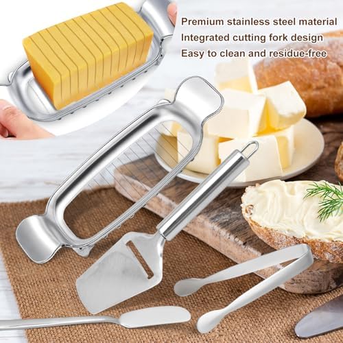 4pcs Stainless Steel Cheese Cutter Set, Includes Wire Butter Slicer Butter Spreader Cheese Plane and Tongs Practical Kitchen Tools for Home Kitchen Baking Breakfast