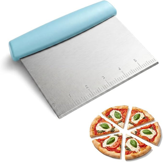 Stainless Steel Dough Scraper & Chopper with Measurement Marks, Multi-Purpose Pastry Cutter for Pizza Bread Cookie Dough, Heavy Duty Scraper with Non-Slip Handle (Blue)