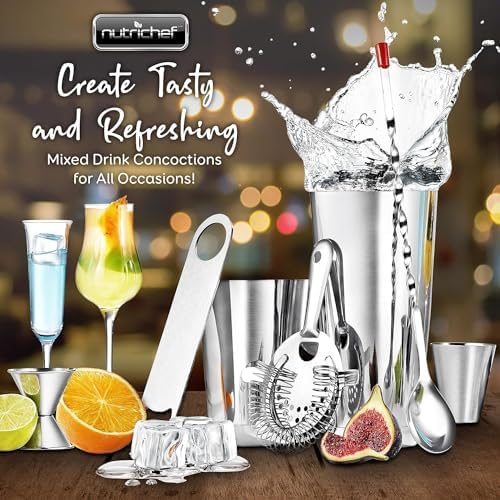 NutriChef Mixology Bartender Cocktail Shaker Set-Includes 15&30 oz Stainless Steel Shakers,6 Bottle Pourers&More-Essential Martini Making Kit-Drink Mixing Set-15 Piece Cocktail Bar_Set (Pack of 12)