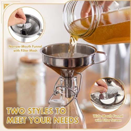 2 Sets Kitchen Stainless Steel Funnel Set Filter Funnel Wide Mouth and Narrow Mouth Each with Removable Fine Mesh Strainer Food Grade Cooking Kitchen with Handles for Liquids Jars Bottles