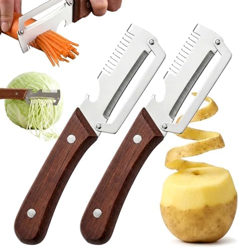 3 in 1 Multifunctional Vegetable Peeler with Julienne & Bottle Opener, German High-Carbon Stainless Steel Blade, Ergonomic Non-Slip Wooden Handle, Handheld Peeler Slicer for Fruits & Vegetables (2Pcs)