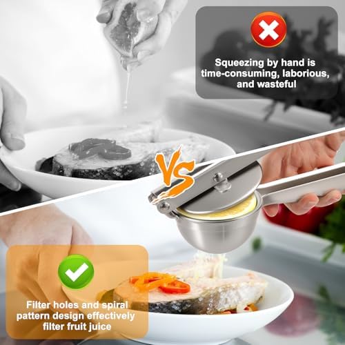 Stainless Steel Lemon Squeezer, Manual Hand Press Juicer with Ergonomic Handle, Garlic Press, Rust Proof Fruits Extractor for Citrus Orange Pomegranates Grapes Lemon Lime