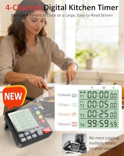 Digital Kitchen Timer with 4 Channel, Loud Alarm and Silent Mode