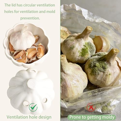 Garlic Keeper for Counter, Ceramic with Realistic Garlic Shape, Breathable Design, Anti-Mold, Easy Clean, Multi-Purpose Kitchen Decor & Gift, White