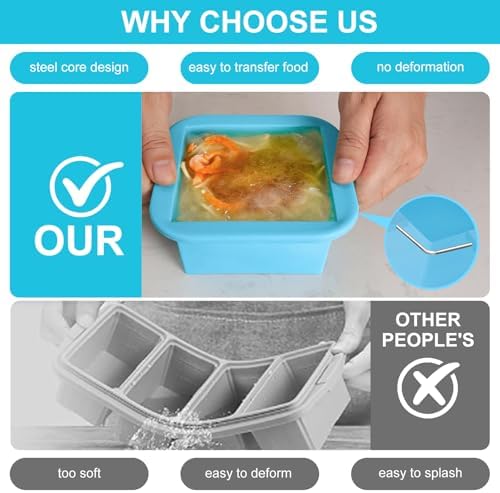 Silicone Freezer Tray with Lid 2 Pack Silicone Freezer Molds Ice Cube Tray Makes 2 Perfect 2 Cup Portions Soup Cubes Meal Prep Containers- Oven & Dishwasher Safe