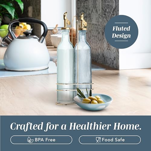 COOK WITH COLOR Glass Olive Oil Bottle Dispenser - 2 Pack- 17oz Vinegar Cruet - Olive Oil Carafe Decanter for Kitchen