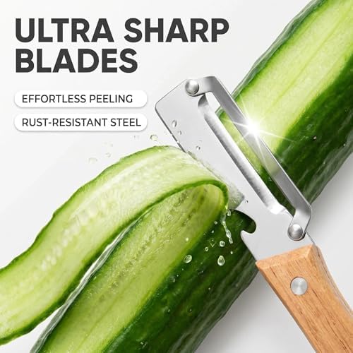 2pcs Premium Dual-Purpose Vegetable Peelers,peelers for kitchen, Stainless Steel Zero-Snag Blade with Slicer, Wooden Handle & Bottle Opener, Elite Kitchen Tools peeler