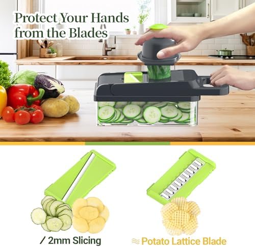12-in-1 Vegetable Chopper 7 Blades, Veggie Cutter with Handle, Green/Grey