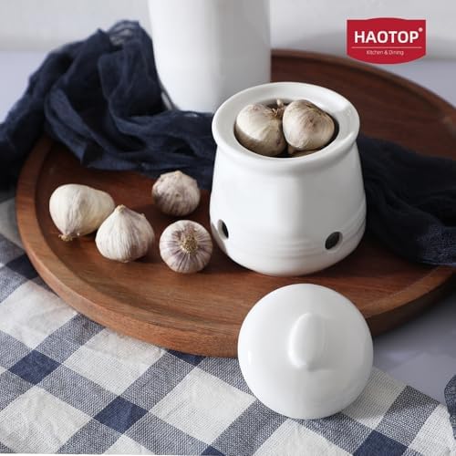 Ceramic Garlic Keeper with Lid, Mini Garlic Saver Container for Countertop, Kitchen Decor (White)