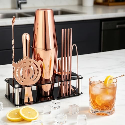 Professional Cocktail Shaker Set with Stand Cocktail Recipes, 15-Piece 750/600ml Bartender Kit, Bar Sets Bartending Kit Bar Tool Set 25/20oz Boston Shakers, Jigger, Muddler (Rose Gold)