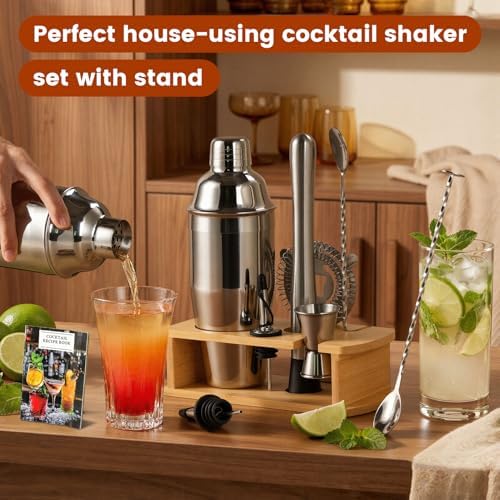 ZPUFAW 8-Piece Cocktail Shaker Set with Wooden Stand Bartender Kits Bar Set