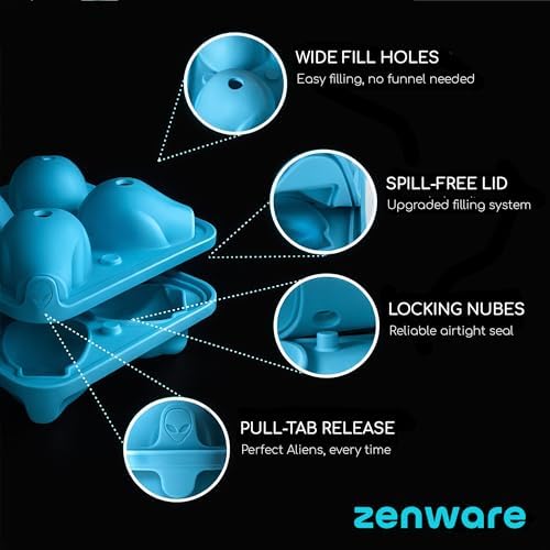 ZENWARE Alien Ice Cube Mold –4 Large 3D Alien Head Ice Cubes (2.32") for Whiskey & Cocktails, Spill-Free Lid, BPA-Free Silicone Tray for Chocolate, Gummies & Resin – Unique Sci-Fi Gift & Bar Accessory