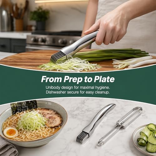 Stainless Steel Scallion Cutter and Vegetable Peeler Set, Professional 7-Blade Onion Slicer for Shred Silk Garnish, Heavy Duty Metal Fruit Peeler for Kitchen, Dishwasher Safe