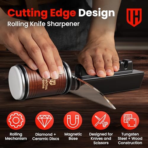 Invictus Knife Sharpener Pro - Professional Rolling Knife Sharpener Kit with Diamond and Ceramic Discs - Fast & Safe Manual Knife Sharpener with Magnetic Base, 15° & 20° Angles for Razor-Sharp Edge