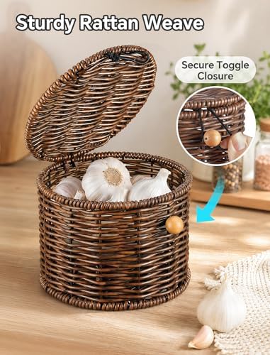 NiHome Garlic Keeper for Counter, Handwoven Rattan, Ventilated, Dark Brown