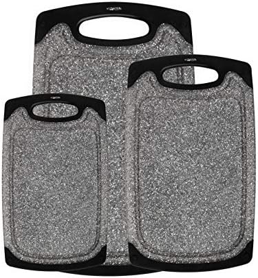 Famiry Reversible Cutting Board Set of 3, Plastic Chopping Board for Kitchen, Non-Slip Design with Easy Grip Handle, Juice Grooves, BPA Free, Dishwasher Safe (3-Piece, Black)