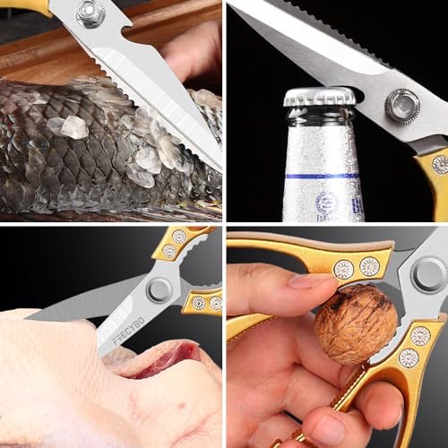 Kitchen Scissors, 2-Pack Multipurpose Kitchen Shears with Comfort Grip, Stainless Steel Cooking Scissors for Cutting Chicken, Meat, Food, Fish, Bread (Golden)