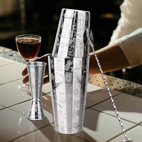 Boston Cocktail Shaker Etched Set, Jigger Spoon 17/24oz Sliver