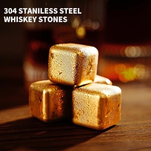 Whiskey Glass Gift Set for Men, 2 Ribbed Old Fashioned Glasses with 6 Gold-Tone Stainless Steel Whiskey Stones, Tongs, Pouch and Wooden Gift Box, Bourbon Scotch Gifts for Dad Husband