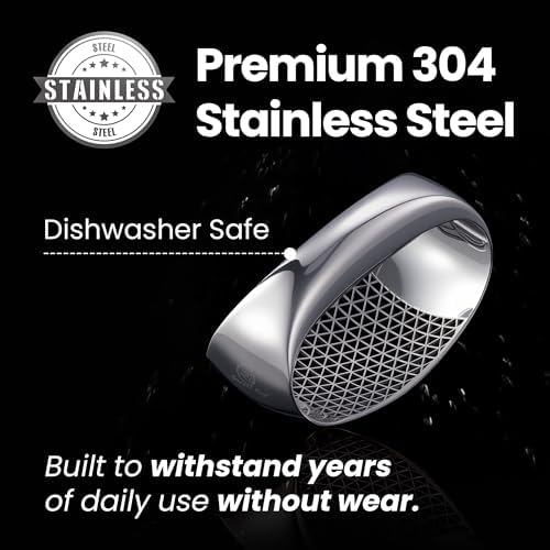 Gourmet Easy Stainless Steel Garlic Press Rocker with Eject Base & Scraper