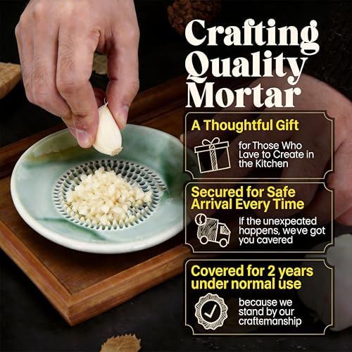 BIINONE All-in-One Ceramic Garlic Grater Plate 4-Piece Set - For Garlic, Ginger, Chocolate and Frozen Fruit-Comes with Peeler Brush and Stand