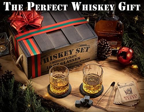 Mixology & Craft Whiskey Gift Set, Whiskey Glass Set with Rustic Wooden Crate, 8 Granite Whiskey Rocks Chilling Stones, 10oz Crystal Glasses | Great Holiday, Secret Santa or White Elephant Gift