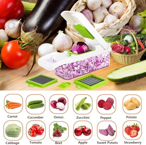 Vegetable Chopper,Multifunctional 13 in 1 Food Slicer For Kitchen.Veggie Chopper Cutter With 8 Blades And Container For Salad, Onion, Garlic (White)