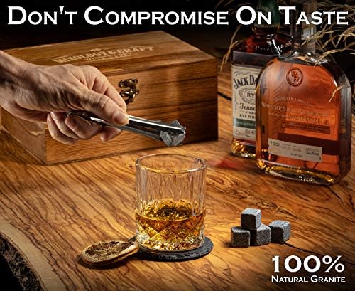 Mixology & Craft Whiskey Glasses Gift Set for Men - Pack of 2 Diamond Cut Glasses w/ 8 Granite Chilling Stones, 2 Coasters, Tongs & Cocktail Recipe Book in Wooden Crate