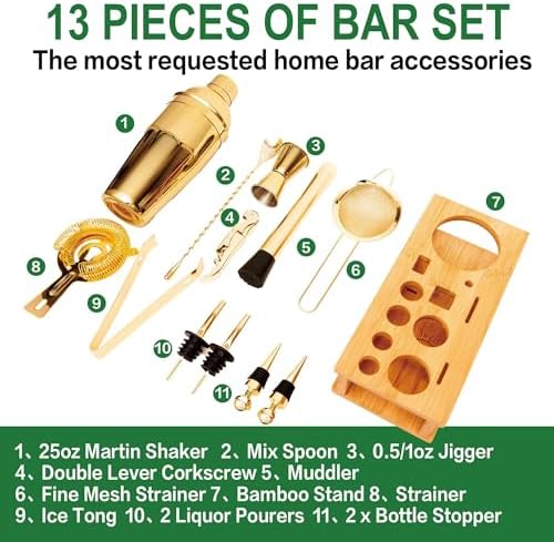 Cocktail Shaker Set Bartender Kit with Bamboo Stand,13 Piece Bar Set Stainless Steel Bar Accessories for Drink Mixing, Bar, Home, Party (Gold)