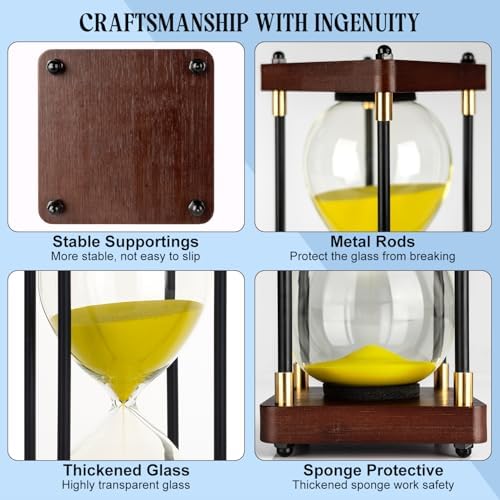 Large Sand Hourglass Timer, Vintage Wooden Sand Timer 60 Minutes, Glass Sand Clock Minutes with Wooden End Caps, Sand Timers for Games Classroom Home Office Kitchen Use (Yellow Sand)