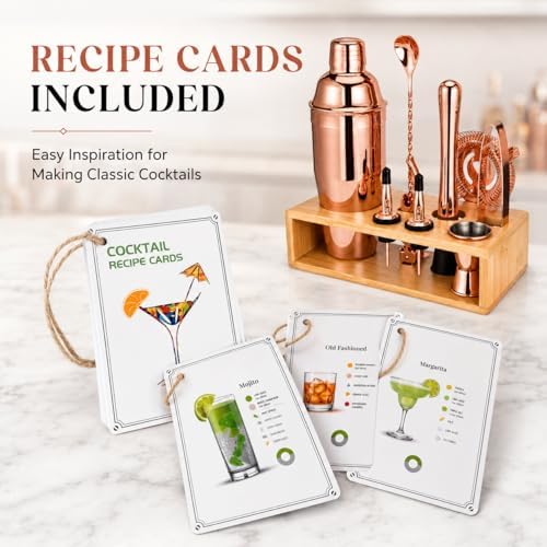 Rose Gold Cocktail Shaker Set, Premium 18/8 Stainless Steel Mixology Bartender Kit with Stylish Bamboo Stand 10-Piece Bar Tools & Accessories for Home Decor - Gift for Women, Mom, Wedding