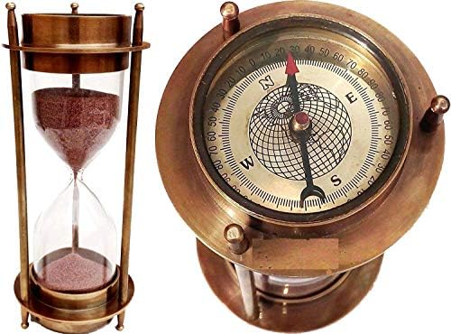 7 Nautical Brass Sand Timer Hourglass with Maritime Brass Compass Table Decorative by Hanzlacollection