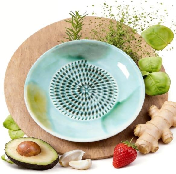 BIINONE All-in-One Ceramic Garlic Grater Plate 4-Piece Set - For Garlic, Ginger, Chocolate and Frozen Fruit-Comes with Peeler Brush and Stand