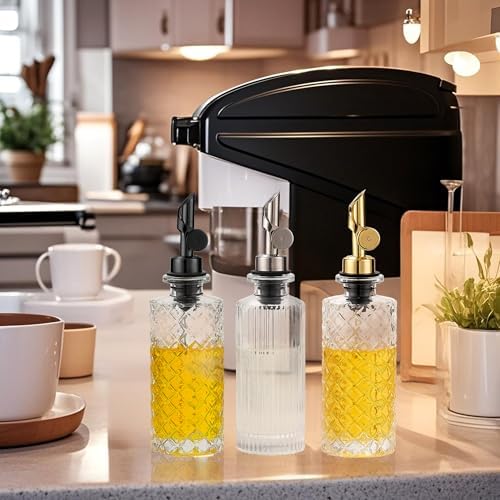 Glass Olive Oil Dispenser Bottle Small, 6.5 Oz/ 200 ml Coffee Simple Syrup Bottles with Black Metal Pour Spout, Funnel, Measuring Cup, Oil and Vinegar Bottle for Kitchen (2 Pack)