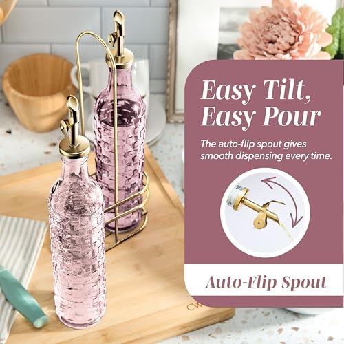 COOK WITH COLOR Glass Olive Oil Bottle Dispenser - 2 Pack- 17oz Oil and Vinegar Cruet - Olive Oil Carafe Decanter for Kitchen, Checkered, Pink