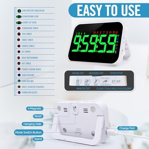 Kitchen Digital RGB Timer, Count Down Up, Rechargeable, Vibration Mode Adjustable Volume and Brightness LED Display, Time Management Cook