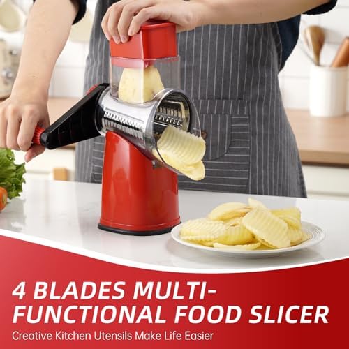 Rotary Hand Crank Cheese Grater,Cheese Shredder Vegetable Slicer(Red)