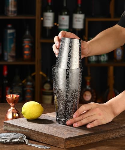 Stainless Steel Boston Shaker with Etched Pattern Weighted Shaking Tin Set (Spirit Gunmetal Black)