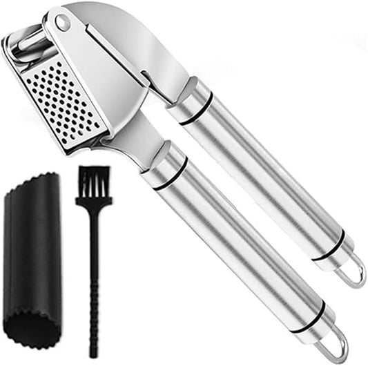 KUYRA Garlic Press Stainless Steel Set Premium Professional Garlic Mincer, Silicone Peeler & Brush, Clove Crusher, Handheld Mincer & Squeezer, Easy Clean Rustproof, Dishwasher Safe Kitchen Peelers