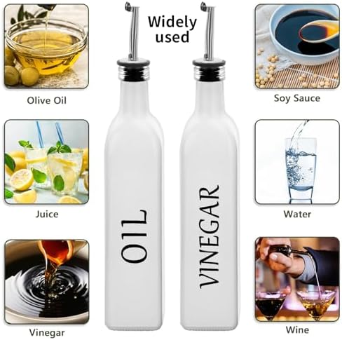 Olive Oil Dispenser Bottle,2 Pcs 17oz 500ml Glass O il and Vinegar Dispenser Set with 2 Stainless Steel Pourers, 8 Labels,Funnel Vinegar Bottles for Kitchen (White)