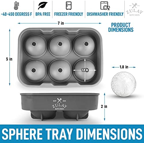 Zulay Kitchen Silicone Ice Cube Trays Set of 2 - Large Square Ice Cube Molds and Sphere Ice Ball Maker with Lid - Reusable Ice Mold For Whiskey, Cocktails, Bourbon (Gray)