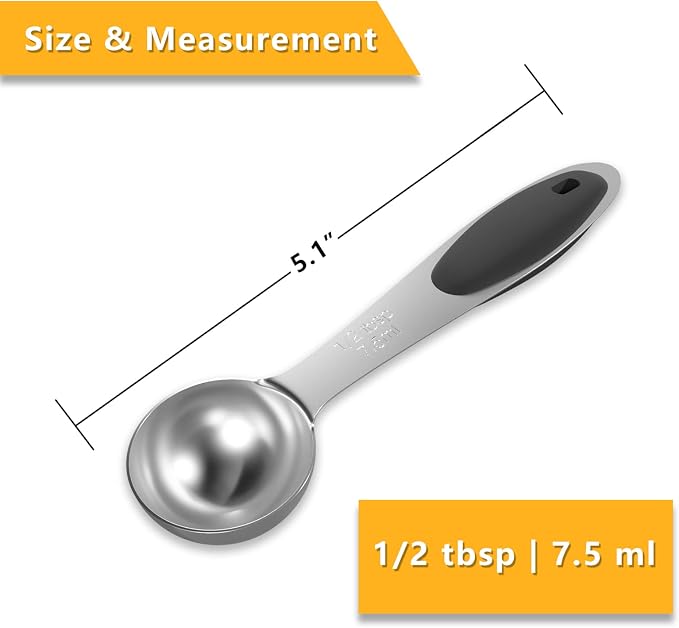 2PCS 1/2Tbsp(7.5ml, 1/4oz) Measuring Spoon, Stainless Steel Measure Scoop | Accurate, BPA-Free, Dishwasher Safe, Silicone Grip, Engraved Marking, Kitchen Essential