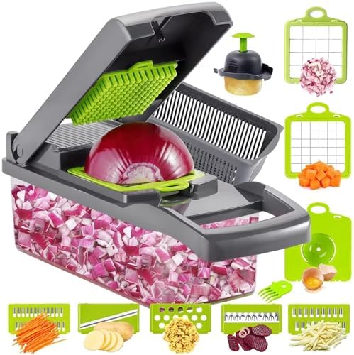 ALIF H&K 16-in-1 Vegetable Chopper & Mandoline Slicer, Heavy-Duty Food Chopper with 8 Stainless Steel Blades, Onion Dicer, Veggie Cutter, Drain Basket, Egg Separator & Storage Container