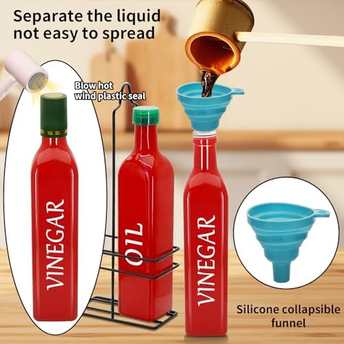 Farmhouse Oil and Vinegar Dispenser Set, 17 oz, beautiful olive oil dispenser, includes a black steel rack and a funnel, vintage cruets for vinegar and oil (Red)