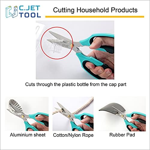 C.JET TOOL 8" Heavy Duty Scissors, Utility Scissors All Purpose for Cardboard, Plastic, Carpet, Rope, Leather. Sharp Stainless Steel Blades, Non‑Slip Handle, Kitchen Shears for Food, Meat & Poultry